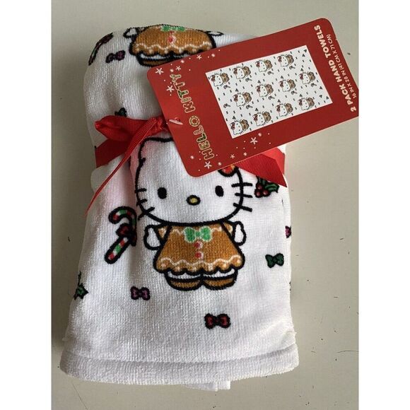 2 Pk Sanrio Hello Kitty Christmas Gingerbread Dress Candy Cane Bath Hand Towels - Picture 1 of 12